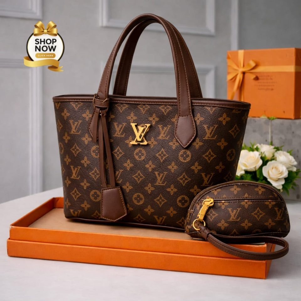 Women's Monogram Print Handbag Set With Small Bag | Stylish Leatherette Design | Black