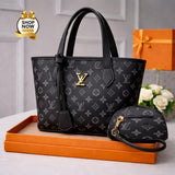 Women's Monogram Print Handbag Set With Small Bag | Stylish Leatherette Design | Black