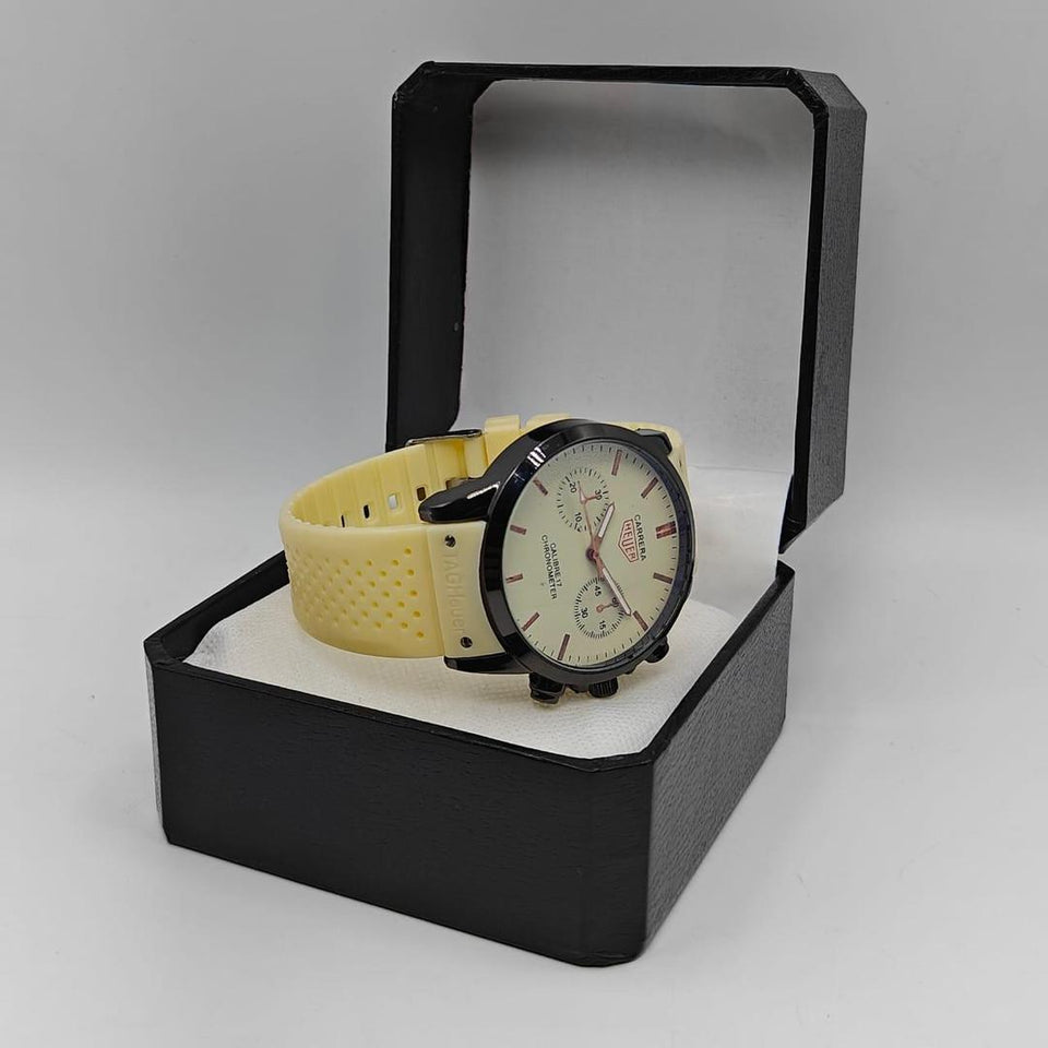 Men's Chronograph Watch – Yellow Silicone Strap & Rose Gold Accents