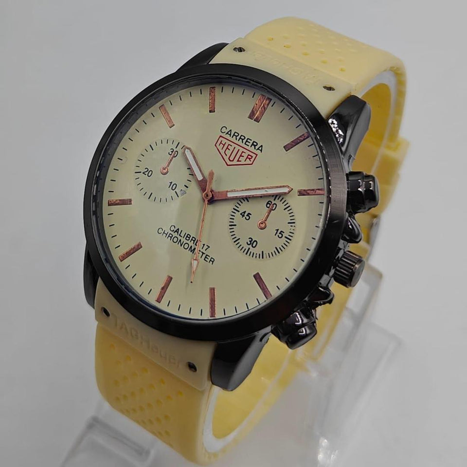 Men's Chronograph Watch – Yellow Silicone Strap & Rose Gold Accents