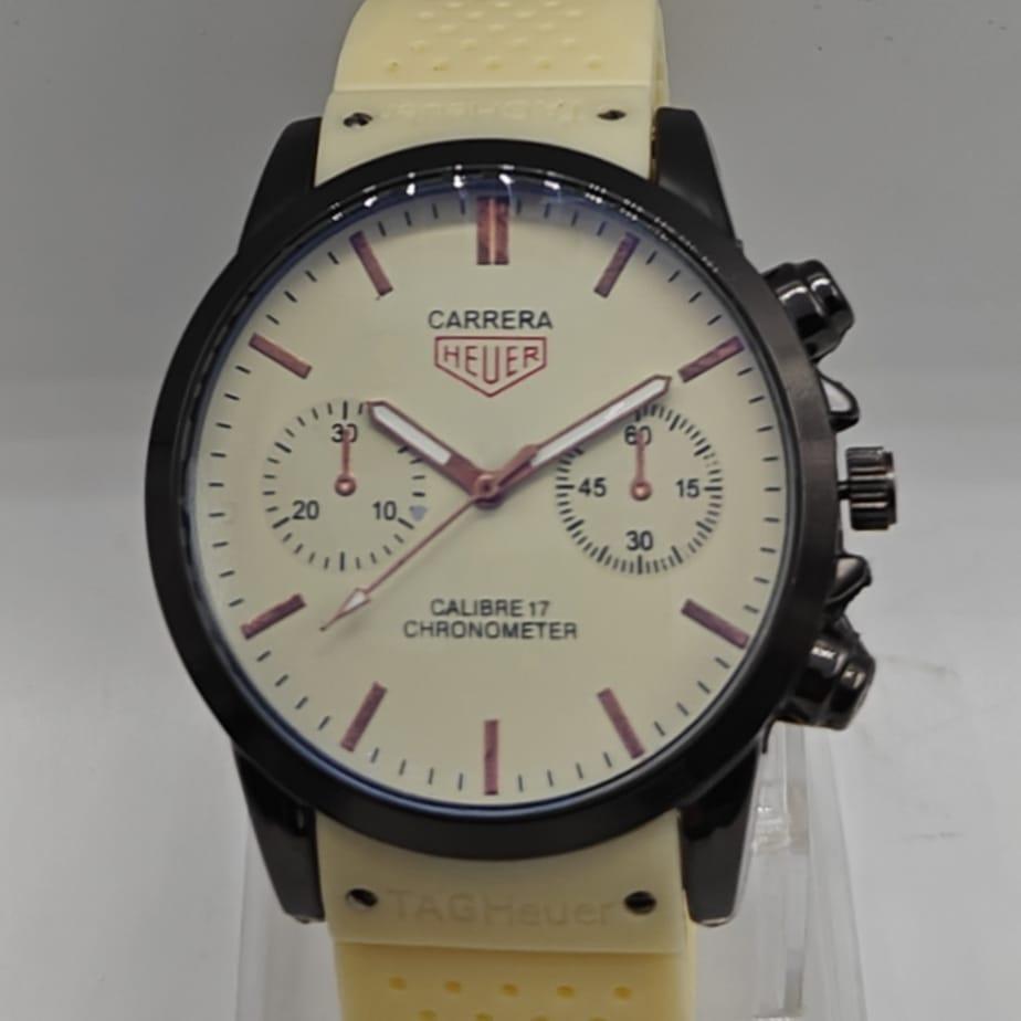 Men's Chronograph Watch – Yellow Silicone Strap & Rose Gold Accents